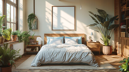 Interior of modern bedroom with white walls, wooden floor, comfortable king size bed with blue linen, window with green plants and mock up poster frame. 3d rendering