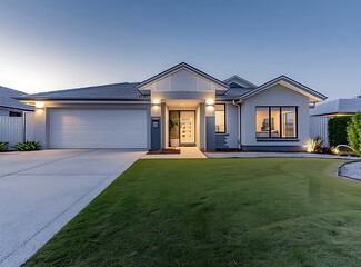 a modern home in the western australia with front yard, grey color wall and white garage door, artificial grass on lawn area, house is located at perth close to park , ,