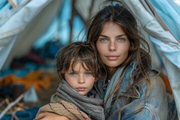 Captivating portrait of boy and girl set against a makeshift tent, conveying a sense of adventure and camaraderie - obrazy, fototapety, plakaty