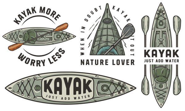 Set of vintage-style kayak adventure emblems featuring paddles and nature themes for outdoor enthusiasts and adventure branding. Set of t-shirt prints for travel, camping, nature hiking and camp