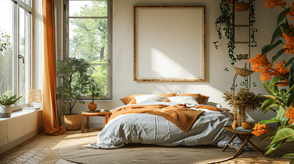 Interior of modern bedroom with a large window. 3d render