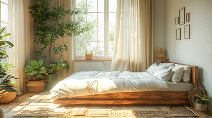 Interior of a bedroom with a large window. 3d render