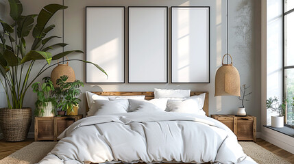 Interior of modern bedroom with white walls, wooden floor, comfortable king size bed with white linen and two vertical mock up posters. 3d rendering