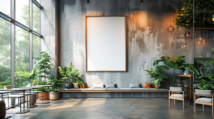 Interior of modern cafe with gray walls, concrete floor, dark wooden floor and big vertical mock up poster frame. 3d rendering