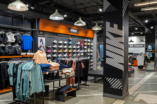 Nike store interior. Nike is one of the world's largest suppliers of athletic shoes and apparel. The company was founded on January 25, 1964. Minsk, Belarus - april 24, 2024
