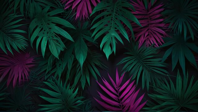 Palm leaves in contrasting pink and green shades on a dark background