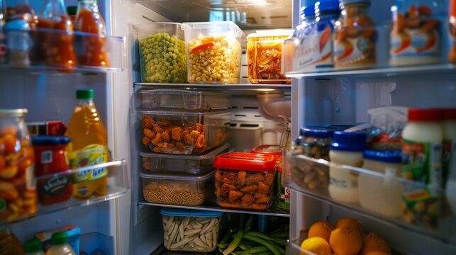 A well-stocked fridge open, showcasing organized shelves with a mix of fresh produce, beverages, and containers