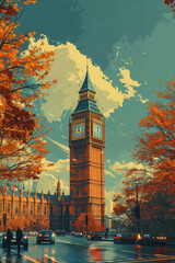 A 2D illustration capturing Big Ben amidst the fiery colors of autumn