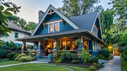 Fototapeta premium Classic American Craftsman Home with Blue Siding, Cozy Front Porch, Nestled in a Leafy Suburb