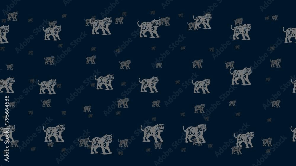 Poster tiger symbols float horizontally from left to right. parallax fly effect. floating symbols are locat