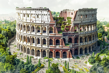 AI generated vector illustration of Rome's Colosseum, surrounded by verdant greenery and bustling with visitors