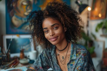 A female artist with curly hair and a gentle smile, surrounded by art supplies in a creative studio