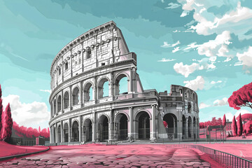 The iconic Colosseum is illustrated in vector form, with a stunning autumnal palette and a clear blue sky, encapsulating the essence of Rome