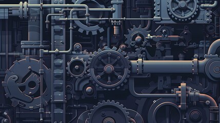 Detailed machinery background with gears and pipes in blue tones.