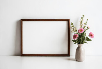 Wooden frame mockup with copy space for art work, photo or print presentation. White wall & vase with gypsophila flower decoration. Generative AI. V-2