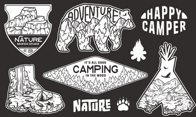 Set of vintage-style stickers featuring outdoor and camping themes, including mountains, wildlife, and nature-inspired frames and shapes for adventure enthusiasts and nature lovers