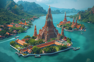 An AI-generated vibrant vector illustration of Thailand's serene temple complex by the river with lush greenery and boats
