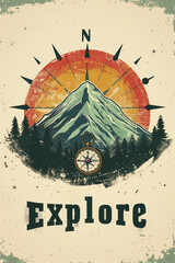 An artistic vector rendering of a sun-kissed mountain with a compass overlay, evoking the call to explore