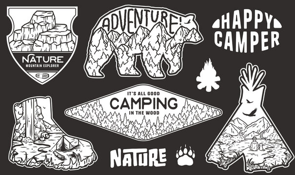 Set of vintage-style stickers featuring outdoor and camping themes, including mountains, wildlife, and nature-inspired frames and shapes for adventure enthusiasts and nature lovers