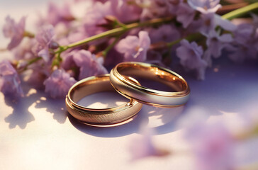 Two wedding rings on purple flowers
