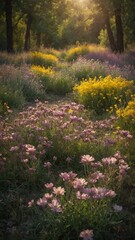 Narrow dirt path winds through vibrant meadow bursting with wildflowers bathed in warm glow of setting sun. Clusters of delicate pink, purple blossoms mingle with tall grasses.