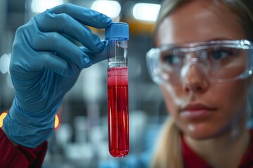 A focused scientist meticulously examines a test tube filled with red fluid in a modern scientific research lab