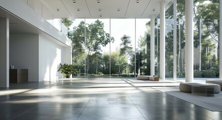 Contemporary lobby with full-length windows and modern furniture overlooking a forest. Interior design mockup.