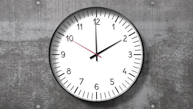 Classic clock on concrete wall showing 2 o clock - 3D 4k animation (3840 x 2160 px)