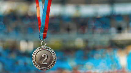 Close-up of a silver medal against the background of a blurred stadium at the Olympic Games, award at the championship or Olympics for 2nd place, bronze medal