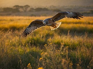 Fototapeta premium Bird of prey with brown, white feathers flies low over field of tall grass. Bird's wings outstretched, its eyes focused on ground. Field bathed in warm glow of setting sun,.