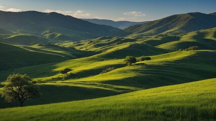 Obraz premium Sunlight bathes rolling green hills, creating patchwork of light, shadow across landscape. Lone tree stands in foreground, while others dot distant hills, adding depth, scale to scene. Sky clear blue.