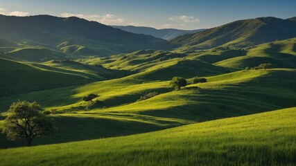 Sunlight bathes rolling green hills, creating patchwork of light, shadow across landscape. Lone tree stands in foreground, while others dot distant hills, adding depth, scale to scene. Sky clear blue.