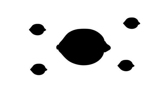 Zoom in and out animation the lemon symbol. Large black symbol in the center and four small symbols around. Seamless looped 4k animation on white background