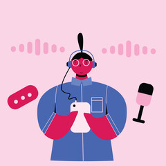 woman listening to podcast using headset from smartphone