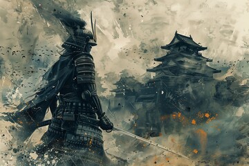 Samurai warrior in battle stance against ancient temple