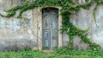 Fototapeta na wymiar old antique door on concrete wall with green plants rustic vintage architecture photo