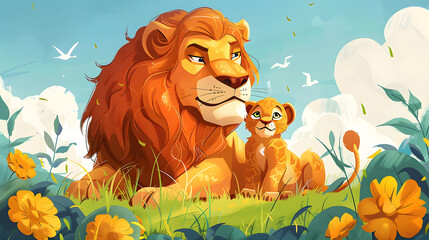 Big wild male lion playing with leo cub in a parenthood illustration, suitable for father's day greeting card template, with a summer outdoor background. Generated with AI.