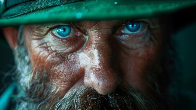 piercing wisdom bearded mans vivid blue eyes shimmer beneath green hat portrait photo
