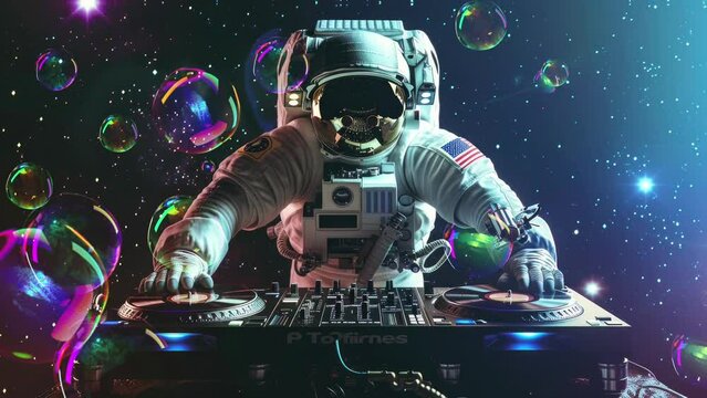 An astronaut DJ is playing music in space, with turntables and vinyl records on the deck, stars in the background