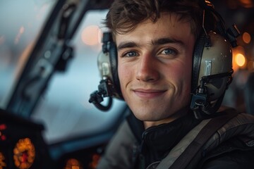 Confident young pilot in uniform with headset smiling inside aircraft cockpit