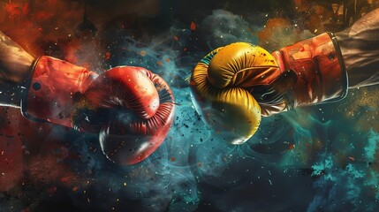 powerful boxing gloves in intense faceoff gritty hot fighting poster with ample copyspace dramatic sports confrontation digital illustration - obrazy, fototapety, plakaty