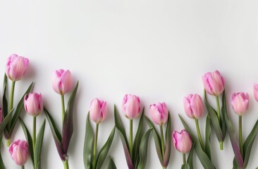 white background with pink tulips,  an elegant and minimalistic floral frame for text or image