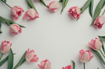Obraz na płótnie Canvas white background with pink tulips, an elegant and minimalistic floral frame for text or image
