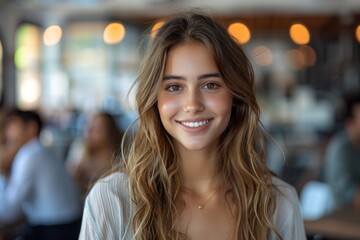A young woman with a joyful smile sitting in a cafe, radiating warmth and friendliness