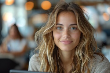 Obraz premium Natural portrait of a young woman with a captivating smile and light blue eyes, exuding happiness