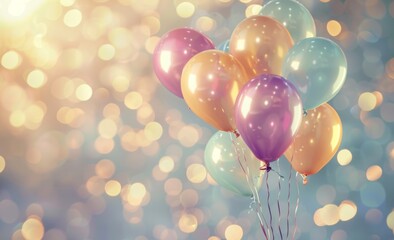 Beautiful pastel colored balloons flying in the air against a birthday background in a blurred