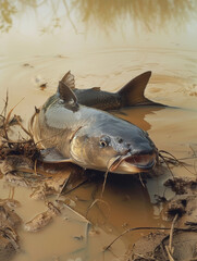 Catfish on muddy bank in shallow waters.