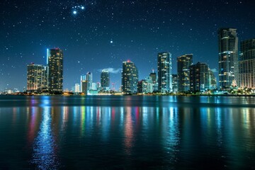 Naklejka premium The beautiful Nighttime Miami skyline with stars twinkling. Ai generated