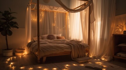 a serene bedroom with a canopy bed and soft lighting