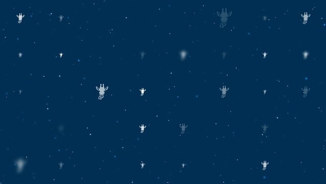 Template animation of evenly spaced giraffe head symbols of different sizes and opacity. Animation of transparency and size. Seamless looped 4k animation on dark blue background with stars
